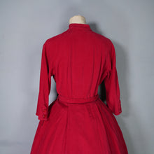 Load image into Gallery viewer, 50s DARK RED CORDUROY FULL SKIRTED DRESS WITH BELT AND NECK STRAP - S