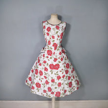Load image into Gallery viewer, 50s RED FLORAL RHINESTONED COTTON DRESS WITH POCKETS - S-M