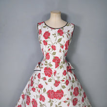 Load image into Gallery viewer, 50s RED FLORAL RHINESTONED COTTON DRESS WITH POCKETS - S-M