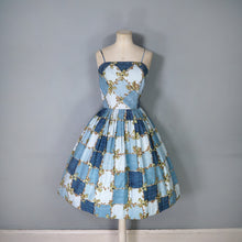 Load image into Gallery viewer, 50s HORROCKSES FASHIONS BLUE STRAPPY FULL SKRTED FLORAL GRID PRINT SUN DRESS - S