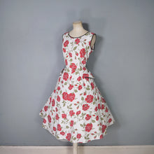 Load image into Gallery viewer, 50s RED FLORAL RHINESTONED COTTON DRESS WITH POCKETS - S-M