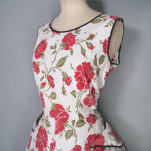 Load image into Gallery viewer, 50s RED FLORAL RHINESTONED COTTON DRESS WITH POCKETS - S-M