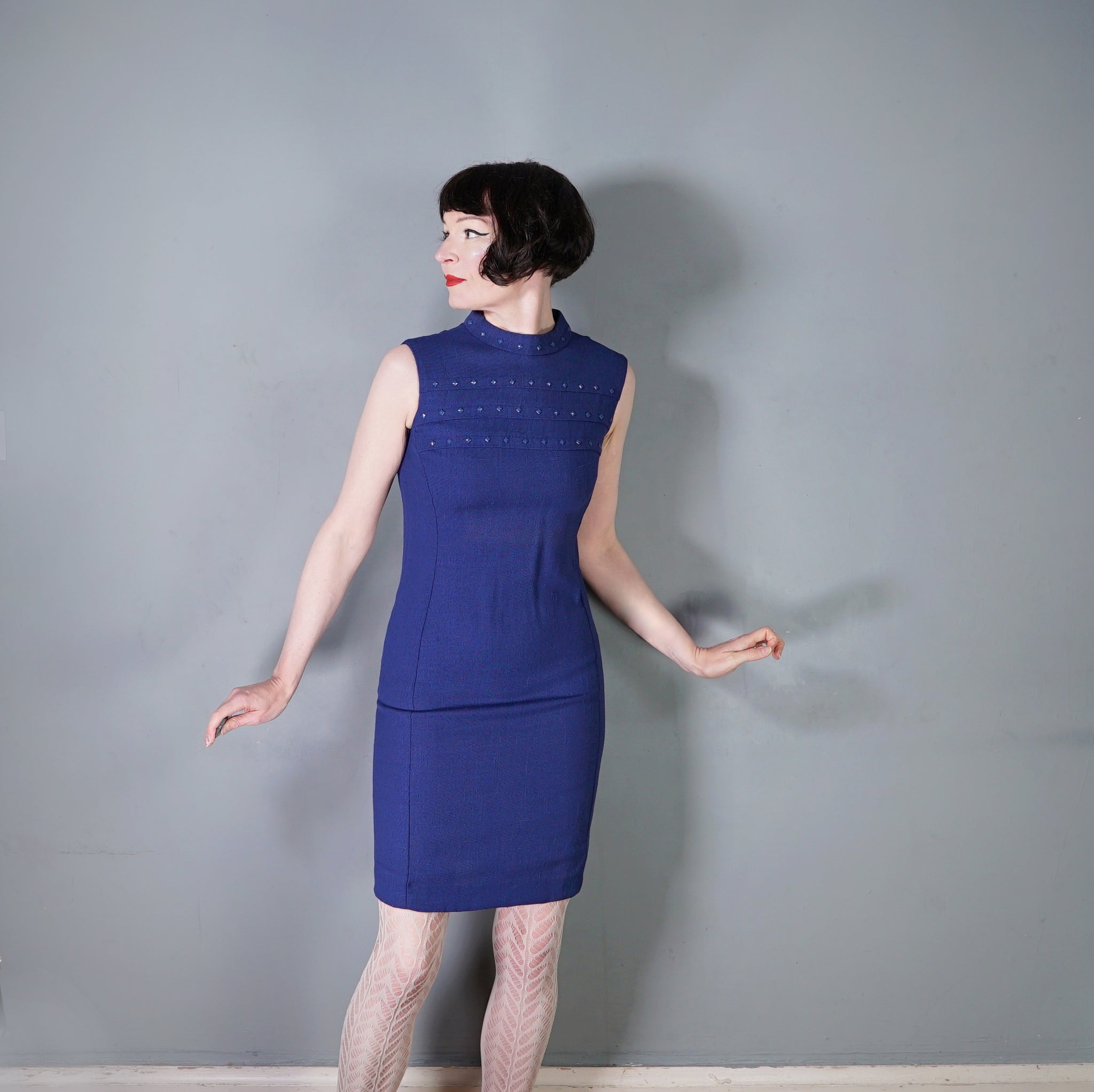 60s CARNEGIE COBALT BLUE STUDDED MOD SHIFT DRESS