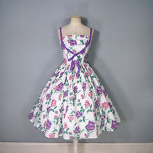 Load image into Gallery viewer, 50s HORROCKSES? STRAPPY FULL SKIRTED PINK AND PURPLE ROSE COTTON DRESS - XS-S