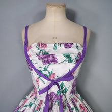 Load image into Gallery viewer, 50s HORROCKSES? STRAPPY FULL SKIRTED PINK AND PURPLE ROSE COTTON DRESS - XS-S