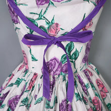 Load image into Gallery viewer, 50s HORROCKSES? STRAPPY FULL SKIRTED PINK AND PURPLE ROSE COTTON DRESS - XS-S