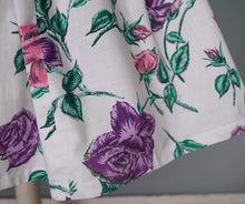 Load image into Gallery viewer, 50s HORROCKSES? STRAPPY FULL SKIRTED PINK AND PURPLE ROSE COTTON DRESS - XS-S