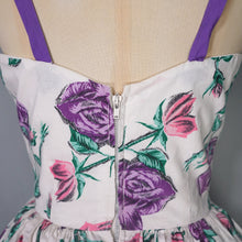 Load image into Gallery viewer, 50s HORROCKSES? STRAPPY FULL SKIRTED PINK AND PURPLE ROSE COTTON DRESS - XS-S