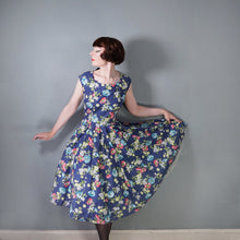 Load image into Gallery viewer, 50s ST MICHAEL NAVY BLUE AND COLOURFUL FLORAL PRINT COTTON DAY DRESS - M