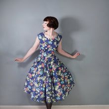 Load image into Gallery viewer, 50s ST MICHAEL NAVY BLUE AND COLOURFUL FLORAL PRINT COTTON DAY DRESS - M