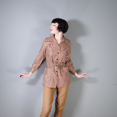 70s YELLOW AND BROWN STRIPE LIGHTWEIGHT DRAWSTRING MAC JACKET - M