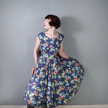 Load image into Gallery viewer, 50s ST MICHAEL NAVY BLUE AND COLOURFUL FLORAL PRINT COTTON DAY DRESS - M