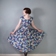 Load image into Gallery viewer, 50s ST MICHAEL NAVY BLUE AND COLOURFUL FLORAL PRINT COTTON DAY DRESS - M