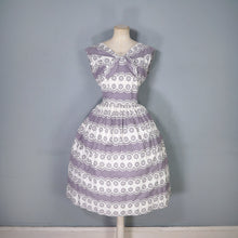 Load image into Gallery viewer, 50s GREY AND WHITE FULL SKIRTED DAY DRESS WITH TIE NECK - M