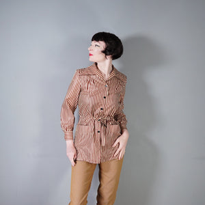 70s YELLOW AND BROWN STRIPE LIGHTWEIGHT DRAWSTRING MAC JACKET - M
