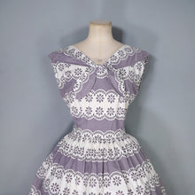 Load image into Gallery viewer, 50s GREY AND WHITE FULL SKIRTED DAY DRESS WITH TIE NECK - M