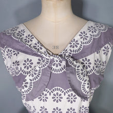Load image into Gallery viewer, 50s GREY AND WHITE FULL SKIRTED DAY DRESS WITH TIE NECK - M