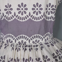 Load image into Gallery viewer, 50s GREY AND WHITE FULL SKIRTED DAY DRESS WITH TIE NECK - M