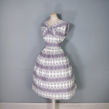 Load image into Gallery viewer, 50s GREY AND WHITE FULL SKIRTED DAY DRESS WITH TIE NECK - M