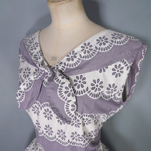 Load image into Gallery viewer, 50s GREY AND WHITE FULL SKIRTED DAY DRESS WITH TIE NECK - M