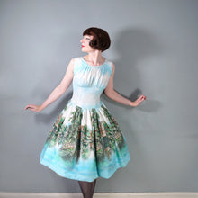 Load image into Gallery viewer, 50s LIGHT BLUE SCENIC BORDER RIVERSIDE VILLAGE PRINT DRESS - S