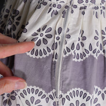 Load image into Gallery viewer, 50s GREY AND WHITE FULL SKIRTED DAY DRESS WITH TIE NECK - M