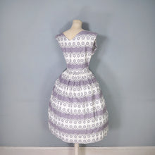 Load image into Gallery viewer, 50s GREY AND WHITE FULL SKIRTED DAY DRESS WITH TIE NECK - M