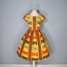 Load image into Gallery viewer, 50s 60s AUTUMNAL PALETTE MUSTARD, BROWN AND RUST COLOURED DAY DRESS - S