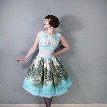 Load image into Gallery viewer, 50s LIGHT BLUE SCENIC BORDER RIVERSIDE VILLAGE PRINT DRESS - S