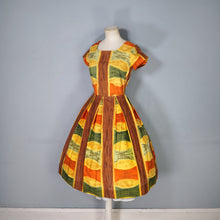 Load image into Gallery viewer, 50s 60s AUTUMNAL PALETTE MUSTARD, BROWN AND RUST COLOURED DAY DRESS - S