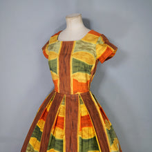 Load image into Gallery viewer, 50s 60s AUTUMNAL PALETTE MUSTARD, BROWN AND RUST COLOURED DAY DRESS - S