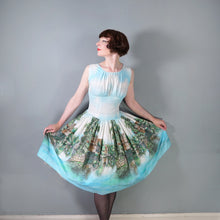 Load image into Gallery viewer, 50s LIGHT BLUE SCENIC BORDER RIVERSIDE VILLAGE PRINT DRESS - S