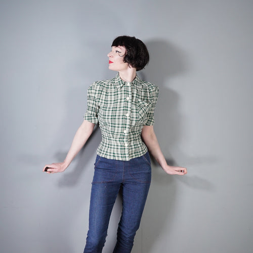 40s style WHITE AND GREEN CHECK PUFF SLEEVE WORK SHIRT - M