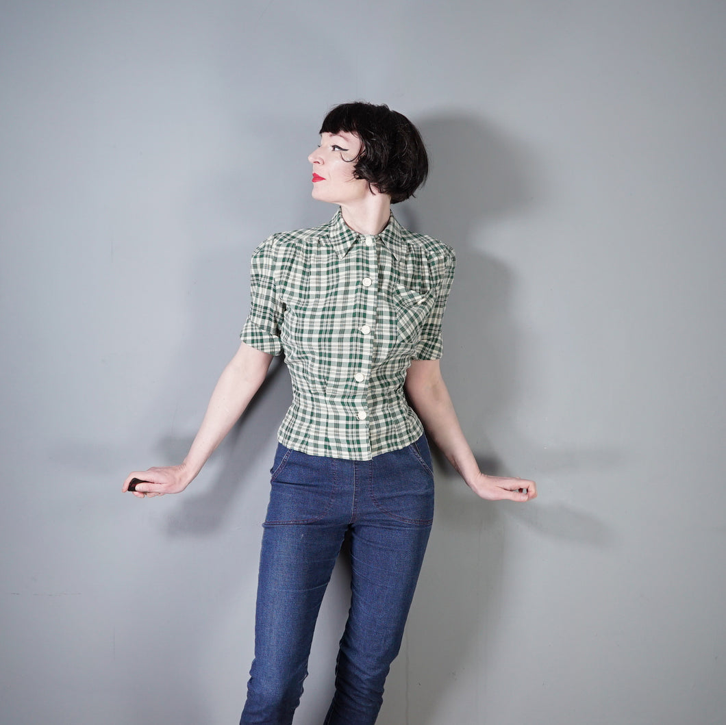 40s style WHITE AND GREEN CHECK PUFF SLEEVE WORK SHIRT - M