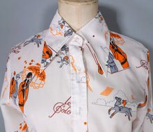 Load image into Gallery viewer, 70s ART DECO STYLE FLAPPER LADIES POLO SPECTATORS NOVELTY SHIRT - S