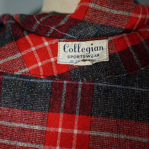 50s COLLEGIAN SPORTSWEAR RED GREY PLAID CHECK CROPPED WOOL JACKET - XS