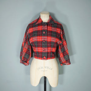 50s COLLEGIAN SPORTSWEAR RED GREY PLAID CHECK CROPPED WOOL JACKET - XS