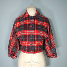 Load image into Gallery viewer, 50s COLLEGIAN SPORTSWEAR RED GREY PLAID CHECK CROPPED WOOL JACKET - XS