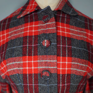 50s COLLEGIAN SPORTSWEAR RED GREY PLAID CHECK CROPPED WOOL JACKET - XS