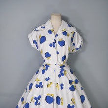 Load image into Gallery viewer, 50s KAY DUNHILL BLUE WHITE CHERRY, STRAWBERRY AND APPLE PRINT DRESS - M