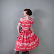 Load image into Gallery viewer, 50s 60s CRANBERRY PINK GEOMETRIC PATTERN COTTON DAY DRESS - S