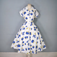 Load image into Gallery viewer, 50s KAY DUNHILL BLUE WHITE CHERRY, STRAWBERRY AND APPLE PRINT DRESS - M