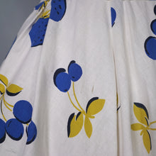 Load image into Gallery viewer, 50s KAY DUNHILL BLUE WHITE CHERRY, STRAWBERRY AND APPLE PRINT DRESS - M