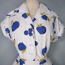 Load image into Gallery viewer, 50s KAY DUNHILL BLUE WHITE CHERRY, STRAWBERRY AND APPLE PRINT DRESS - M