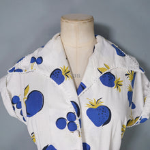 Load image into Gallery viewer, 50s KAY DUNHILL BLUE WHITE CHERRY, STRAWBERRY AND APPLE PRINT DRESS - M