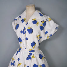 Load image into Gallery viewer, 50s KAY DUNHILL BLUE WHITE CHERRY, STRAWBERRY AND APPLE PRINT DRESS - M