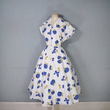 Load image into Gallery viewer, 50s KAY DUNHILL BLUE WHITE CHERRY, STRAWBERRY AND APPLE PRINT DRESS - M