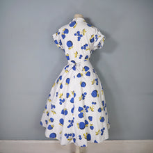 Load image into Gallery viewer, 50s KAY DUNHILL BLUE WHITE CHERRY, STRAWBERRY AND APPLE PRINT DRESS - M