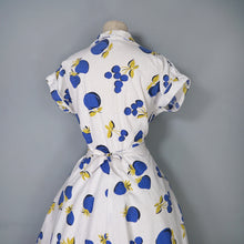 Load image into Gallery viewer, 50s KAY DUNHILL BLUE WHITE CHERRY, STRAWBERRY AND APPLE PRINT DRESS - M