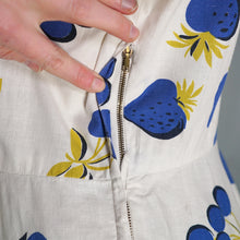 Load image into Gallery viewer, 50s KAY DUNHILL BLUE WHITE CHERRY, STRAWBERRY AND APPLE PRINT DRESS - M